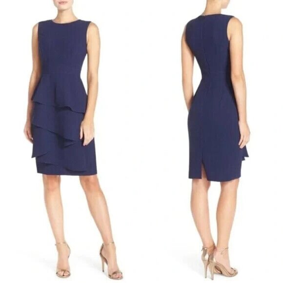 Eliza J Sleeveless Sheath Dress Ruffle Crepe Summer Wedding Cruise Navy Blue 8 - Picture 1 of 9